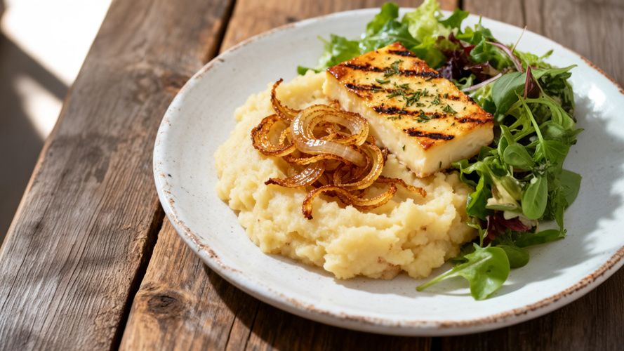 Rezeptbild für  Pastinakenstampf mit Röstzwiebeln und Grillkäse