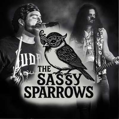 KI generiert: Schwarz-weiß Bild einer Band mit einem illustrierten Vogel. Text: "THE SASSY SPARROWS".