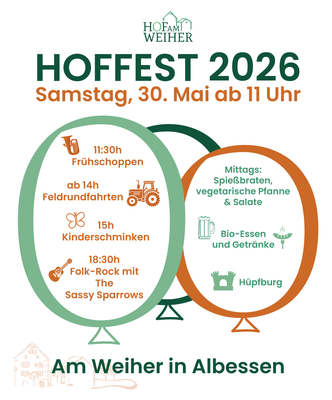 KI generiert: Hoffest 2026: Veranstaltungen, Essen und Spaß am 30. Mai ab 11 Uhr am Weiher in Albessen.