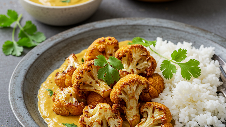 Rezeptbild für Gebratener Blumenkohl mit fruchtiger Currysauce und Reis