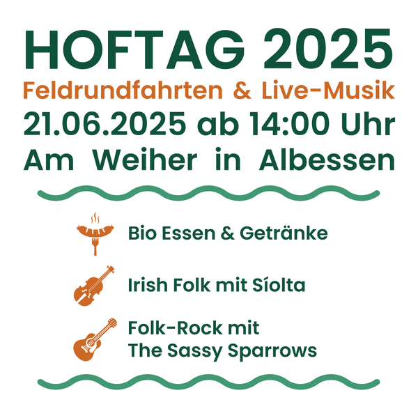 KI generiert: Hof-Event-Ankündigung 2025: Bio Essen, Irish Folk, Folk-Rock; 21.06. in Albessen.