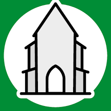 KI generiert: Das Bild zeigt ein schematisches Icon einer Kirche mit einem spitzen Dach vor einem weißen Kreis auf grünem Hintergrund. Hauptinhalt ist die stilisierte Darstellung eines Kirchengebäudes.