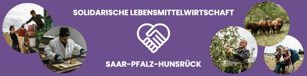 KI generiert: Menschen arbeiten zusammen in der Landwirtschaft. Text: "SOLIDARISCHE LEBENSMITTELWIRTSCHAFT SAAR-PFALZ-HUNSRÜCK".