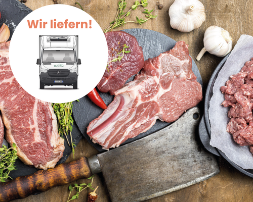 KI generiert: Rohes Fleisch auf einem Tisch mit einem Lieferwagen-Icon und dem Text "Wir liefern!".