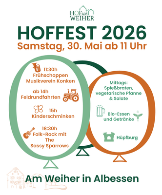 KI generiert: Einladung zum Hoffest 2026 am 30. Mai ab 11 Uhr, mit Musik und Aktivitäten am Weiher in Albessen.