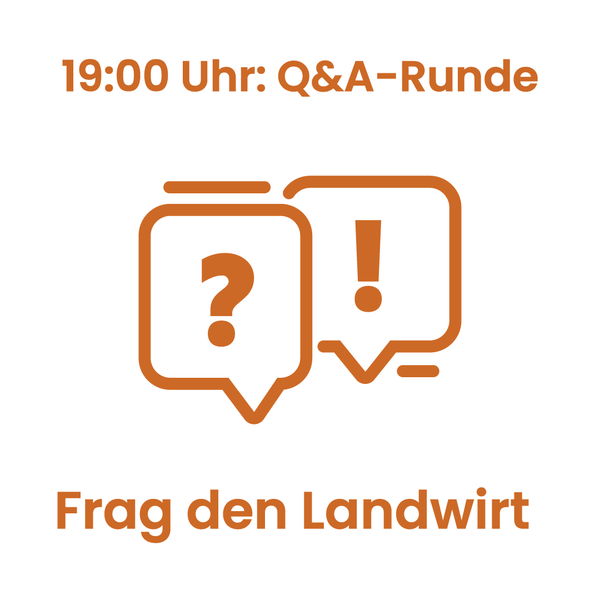 KI generiert: Text: "19:00 Uhr: Q&A-Runde, Frag den Landwirt." Icons von Sprechblasen mit Frage- und Ausrufezeichen.